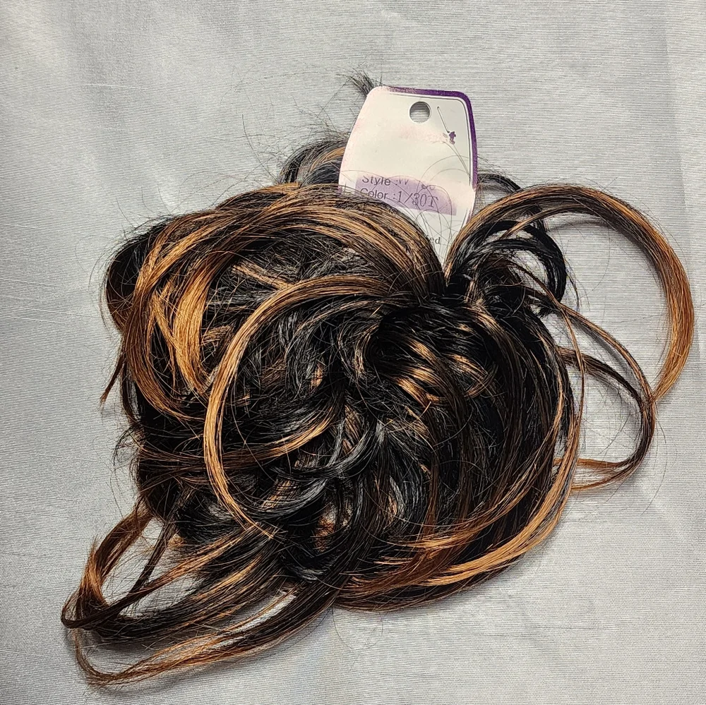 Bridal Prom Hair Scrunchie Bun - Wavy Messy Hairpiece Black with Highlights